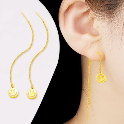 越南沙金长款耳环福字莲花笑脸耳线仿真黄金镀金24k久不掉色首饰送女朋友老婆情人节七夕生日礼物