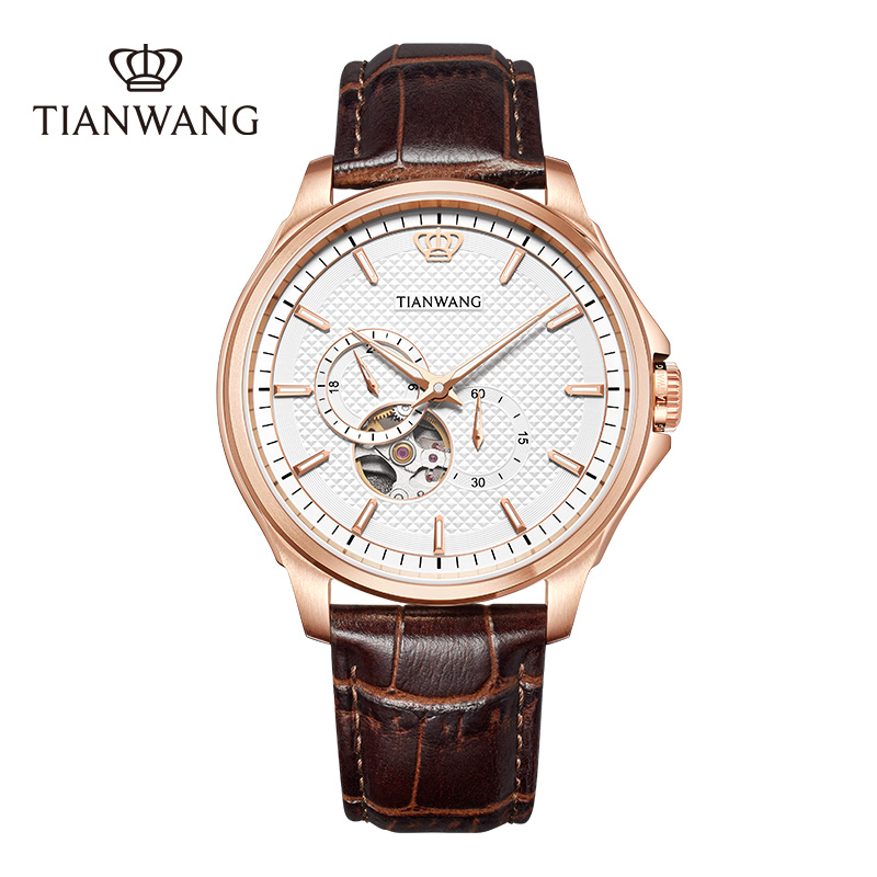 天王手表男士镂空机械表商务休闲皮带男表大表盘腕表51598