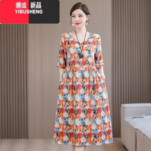 YIBUSHENG棉绸碎花v领连衣裙新款外穿2024韩版季中袖宽松显瘦中长款裙子