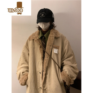 YANXU冬季加绒加厚羔毛棉衣男日系灯芯绒棉服bf宽松潮牌工装棉袄外套