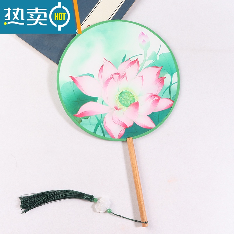 XIANCAI双面团扇扇子中国风古风汉服扇跳舞蹈扇宫廷风圆形女式长柄流苏 翠绿色 风姿绰约