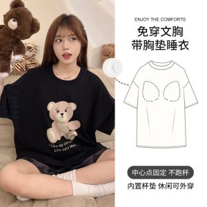 春夏季睡衣女新款带胸垫条纹圆领卡通短袖短裤可爱简约家居服套装