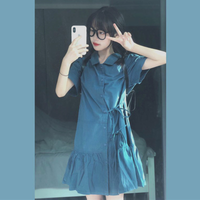 述雅学生短裙2021新款韩版宽松小个子衬衫裙女设计感小众孔雀蓝连衣裙
