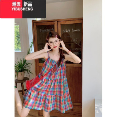 YIBUSHENG多巴胺彩色格子吊带连衣裙女装季小个子宽松显瘦海边度假短裙子