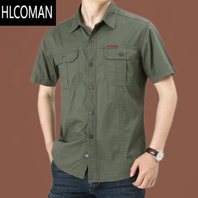 HLCOMAN夏季男士衬衫男短袖工装休闲双口袋透气中袖衬衣男潮薄款