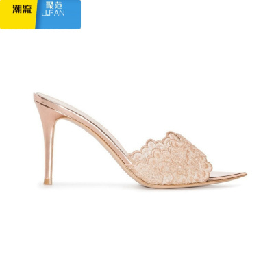 聚范尖头宴会高跟鞋女2024年春新款刺绣细跟单鞋香槟金绣花高跟凉拖鞋