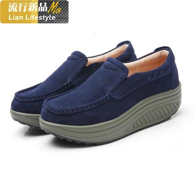 2020春季新款摇摇鞋女单鞋一脚蹬懒人松糕鞋真皮厚底休闲坡跟女鞋知义(ZHIYI)休闲鞋