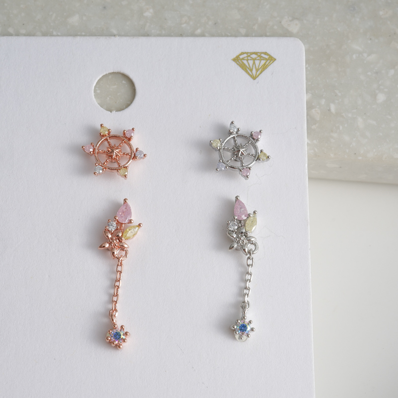 韩国进口耳钉彩钻船锚叶子流苏耳骨钉送女朋友老婆情人节七夕生日礼物