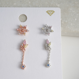 韩国进口耳钉彩钻船锚叶子流苏耳骨钉送女朋友老婆情人节七夕生日礼物