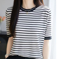 夏季新款冰丝圆领撞色条纹短袖T恤百搭显瘦针织上衣五分袖打底衫