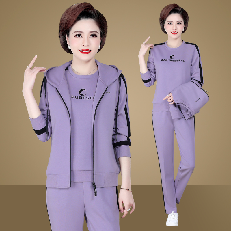 中老年运动套装女款春秋装2021新品时尚棉质连帽三件套运动服套装妈妈