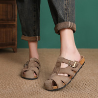 头层牛皮包头勃肯鞋软皮镂空半拖女2025夏季新款皮带扣外穿凉拖鞋