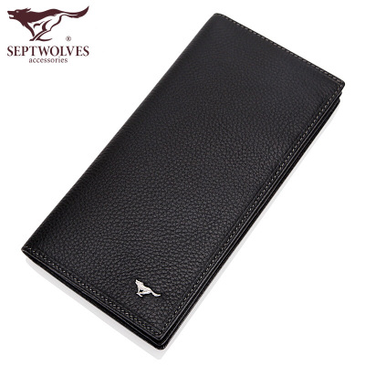 七匹狼SEPTWOLVES新款男士钱包黑色牛皮时尚尊享长款两折钱夹黑色
