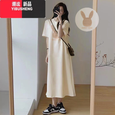 YIBUSHENG慵懒风短袖连衣裙女2024新款装中长款过膝t恤裙季长裙子