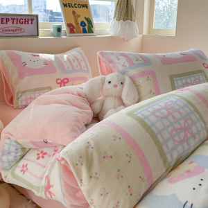 INS卡通小清新牛奶绒保暖四件套简约双面绒被套防静电三件套床单