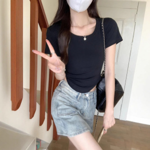 含棉 夏季设计感纯欲风甜辣妹性感u领短袖T恤女装不规则短款上衣