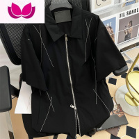 七斓国潮复古美式双拉链明线短袖衬衫男女夏宽松ins街头痞帅工装衬衣