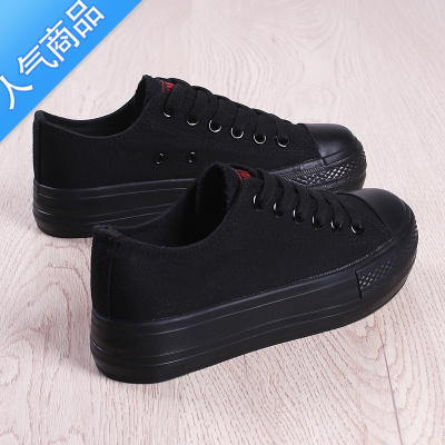 SUNTEK全黑色帆布鞋女韩版百搭休闲松糕厚底学生鞋内增高纯黑色工作鞋女