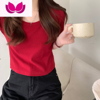 七斓白色正肩短袖t恤女夏低领打底大圆领露锁骨辣妹纯欲短款露脐上衣