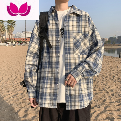 七斓2023新款格子衬衫男长袖ins港风潮牌日系宽松百搭潮流bf外套