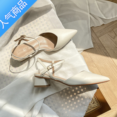 SUNTEK尖头半包头凉鞋女夏粗跟高跟鞋中跟单鞋仙女风一字扣2023夏季新款