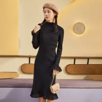 [2.5折价63元]唐狮连衣裙女秋季长袖新款韩版半高领气质下摆拼接时尚百搭潮