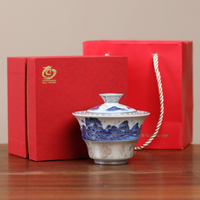 MULTIPOTENT功夫茶具二才盖碗鎏银陶瓷泡茶碗千里江山郑文强大师作品可收藏