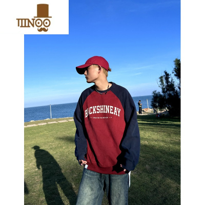 YANXU美式复古圆领字母插肩袖卫衣男薄款宽松港风国潮牌情侣装外套