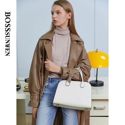 BOSSSUNWEN牛皮经典手提包女简约大容量单肩包女斜挎包女白色W2-2082081D2D