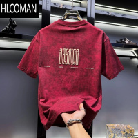 HLCOMAN高端潮流2025夏季晕染印花短袖T恤男士大码休闲圆领套头半袖上衣