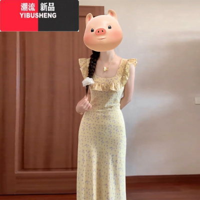 YIBUSHENG法式气质小飞无袖背心吊带碎花连衣裙子女季2024新款小个子长裙