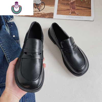 FISHBASKET乐福鞋女2020秋新款一脚蹬黑色小皮鞋百搭平底英伦风软皮厚底单鞋休闲鞋