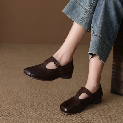 头层牛皮单鞋女2026春季新款真皮搭扣百搭复古透气平底圆头休闲