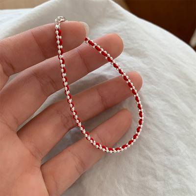 纯银圆珠红绳手链女编织绳手饰2025蛇年本命年红手绳银饰礼物送女朋友老婆情人节七夕生日礼物