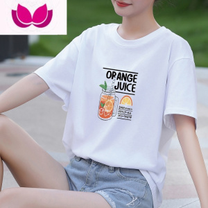 七斓短袖t恤女宽松圆领白色2022夏季新款半袖印花打底衫学生上衣