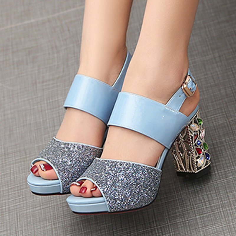 2018夏季新款鞋真皮凉鞋女高跟粗跟气质鱼嘴女鞋子时尚亮片彩钻OL职业淑女欧美潮优雅工作鞋女