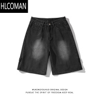 HLCOMAN美式复古做旧牛仔短裤男女潮牌高街设计感拉链休闲五分裤