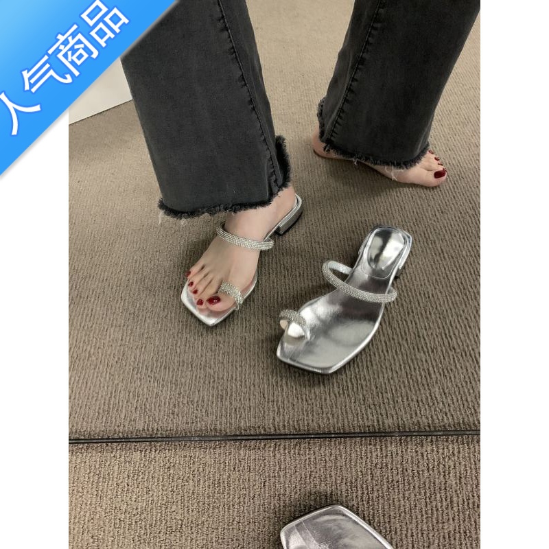 SUNTEK低跟水钻套趾凉拖鞋仙女鞋子外穿2023年新款夏季外出晚风气质凉鞋