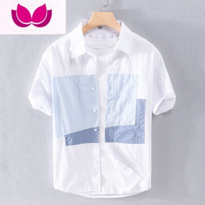 七斓日系衬衫男短袖夏季休闲潮流设计感拼接清爽宽松男士薄款白色衬衣