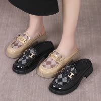 圆头金属网纱拼接牛漆皮大码包头拖纯色乐福大码低跟半托女夏