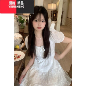 YIBUSHENG法式初恋方领白色短袖连衣裙女季新款甜美泡泡袖收腰气质小白裙