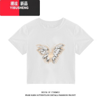 YIBUSHENG酒红色美式复古正肩短袖T恤女季修身短款辣妹bm风露脐半袖上衣
