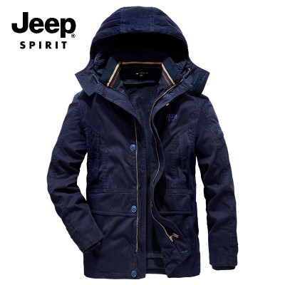 JEEP冬季男装可脱卸加绒内胆连帽棉衣男士中长款加厚棉服
