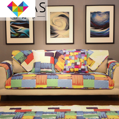 菲诗卡欧式组合沙发垫套罩四季通用棉防滑加厚坐垫布艺包盖巾水彩70*210cm御蓝锦