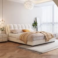 北欧奶油风科技绒布艺床主卧室轻奢双人床高端大气网红极简储物床