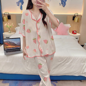 夏季款棉质带胸垫开衫短袖长裤套装甜美ins风家居服外穿睡衣