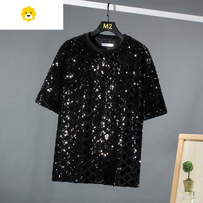 basket欧美金色闪光亮片鱼鳞t恤男潮流炸街半袖上衣摇滚朋克演出衣服