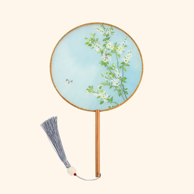 古风团扇汉服女长柄跳舞扇子中国风中式流苏手工长杆宫扇圆扇三维工匠花迤月逦仿玉扇穗柄加长