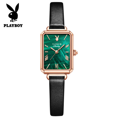 新款花花公子(PLAYBOY)欧美品牌手表女士ins风方形石英表抖音小绿表真皮防水时尚腕表