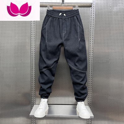 七斓2022新款宽松黑色小脚牛仔裤大裆束脚明线休闲裤潮牌哈伦裤